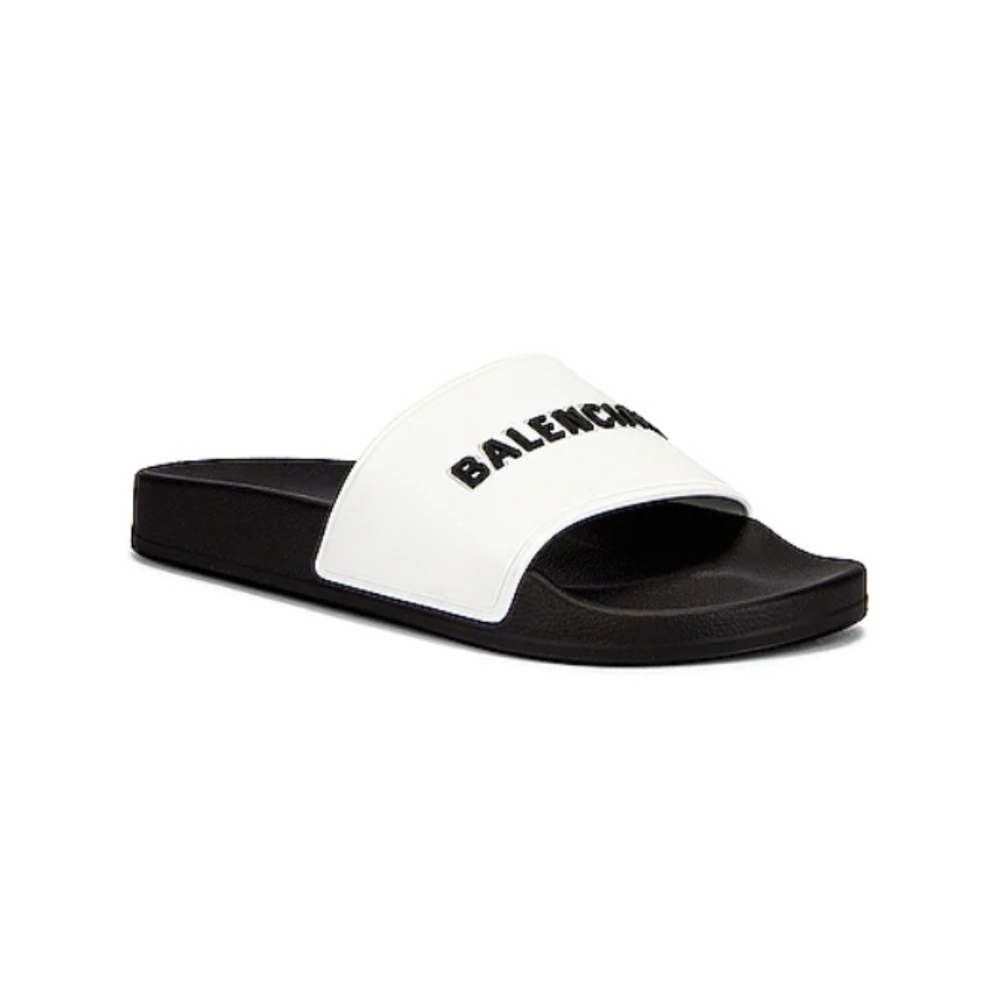 BALENCIAGA Logo Pool Slide Sandal White And Black